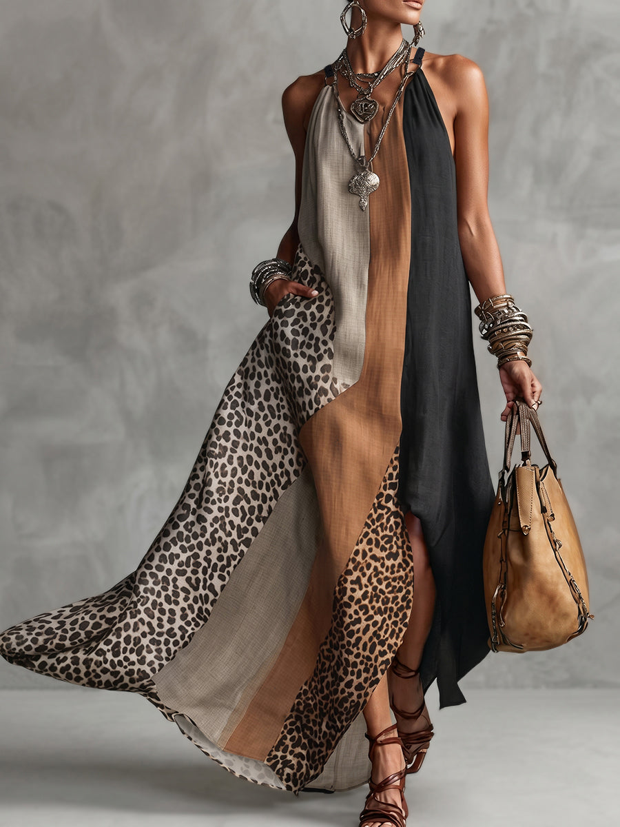LUCIA | Maxi Halterjurk met Luipaardprint en Asymmetrische Inzetten