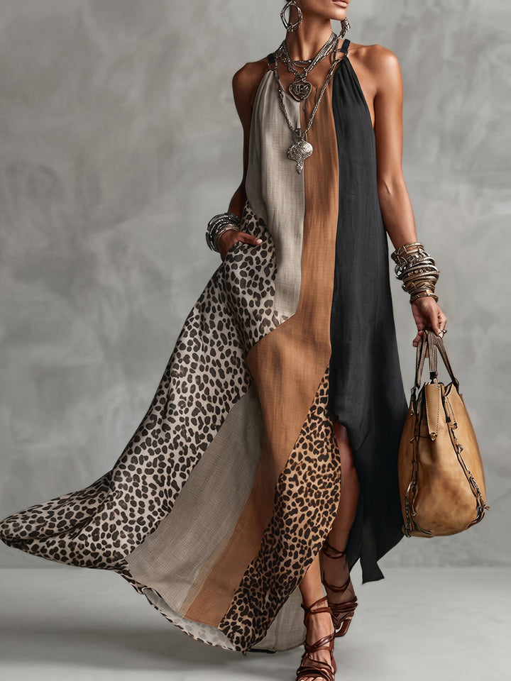 LUCIA | Maxi Halterjurk met Luipaardprint en Asymmetrische Inzetten