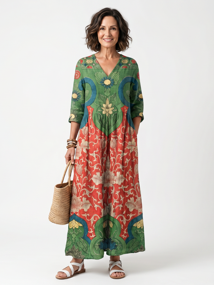 Sloane | Gemengd Print V-Hals Pocket Midi Jurk