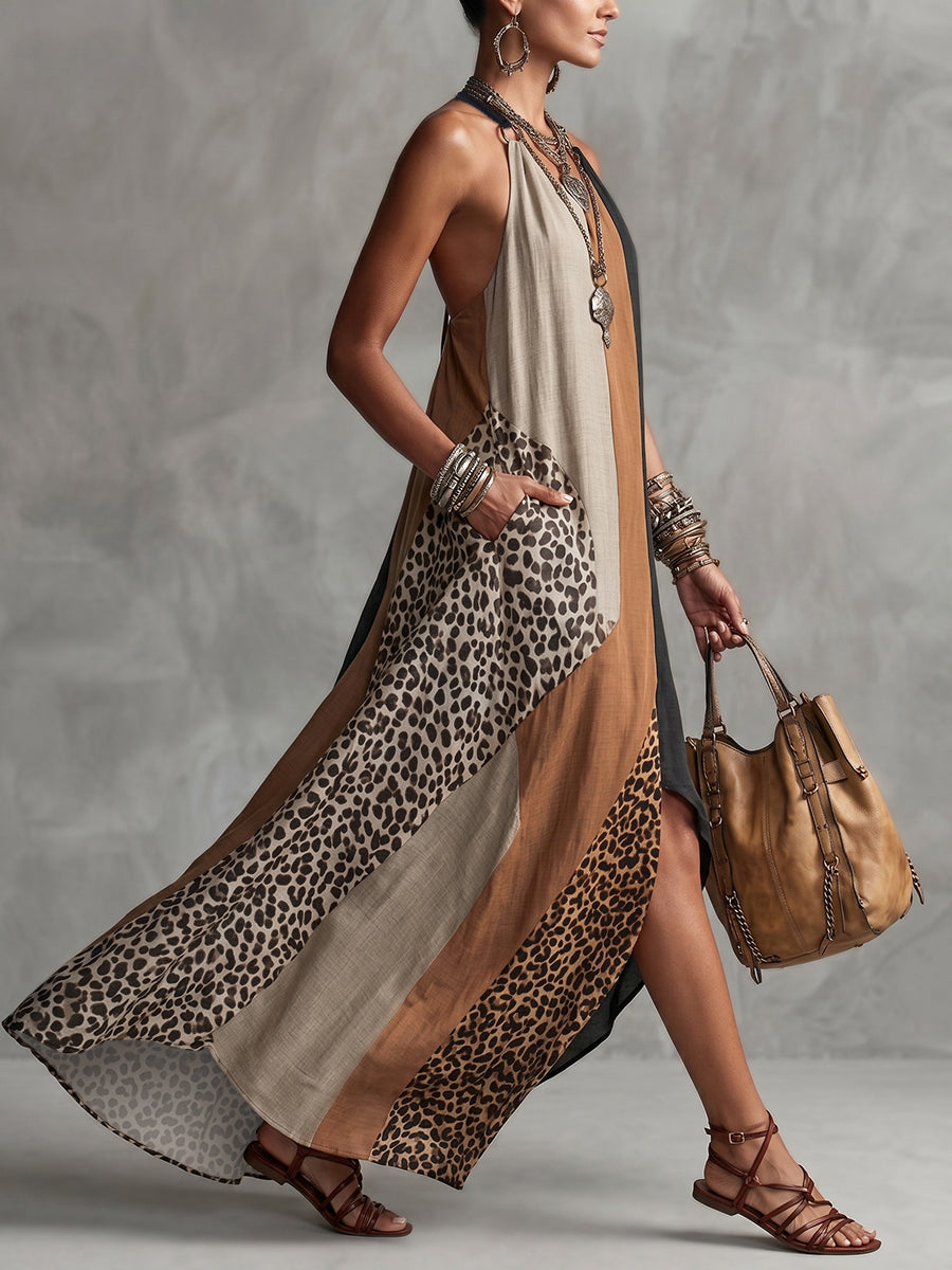LUCIA | Maxi Halterjurk met Luipaardprint en Asymmetrische Inzetten
