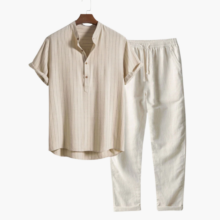 Casual Linnen Set met Henley Overhemd en Broek