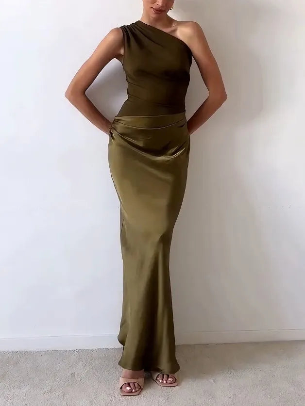 Anita | Elegante One Shoulder Plissé Maxi Jurk