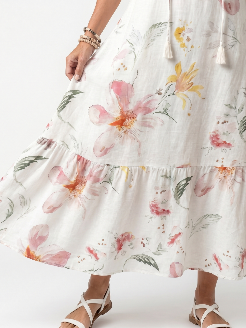 Noa | Zachte Bloemen Tiered Tassel Midi Jurk