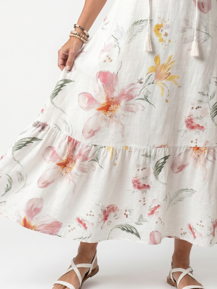 Noa | Zachte Bloemen Tiered Tassel Midi Jurk