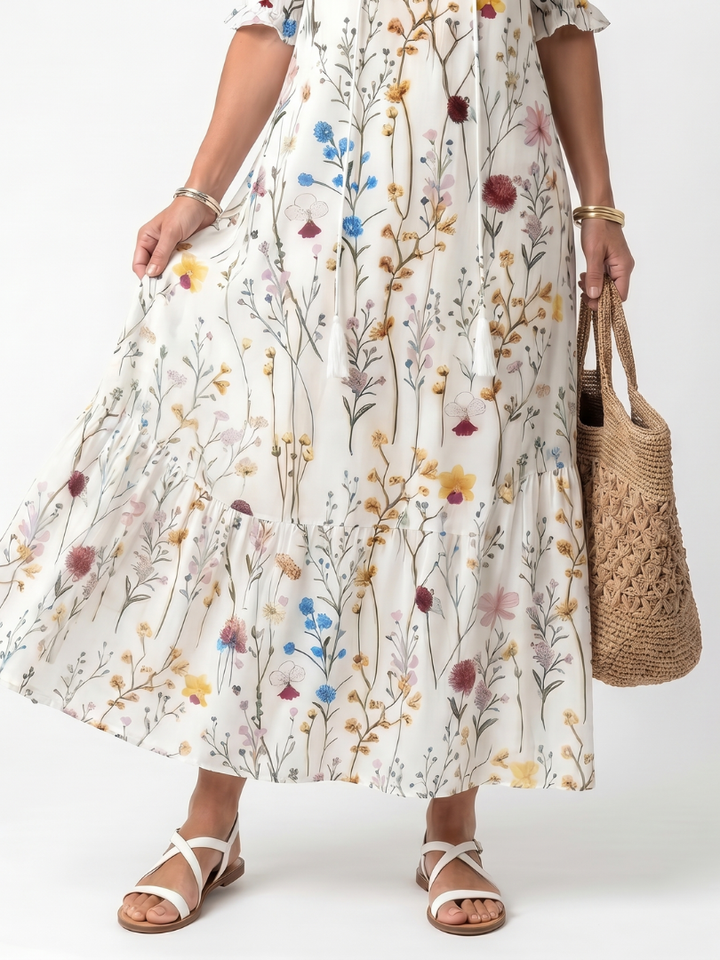 Sylvie | Botanische Print Tassel Tie Midi Jurk