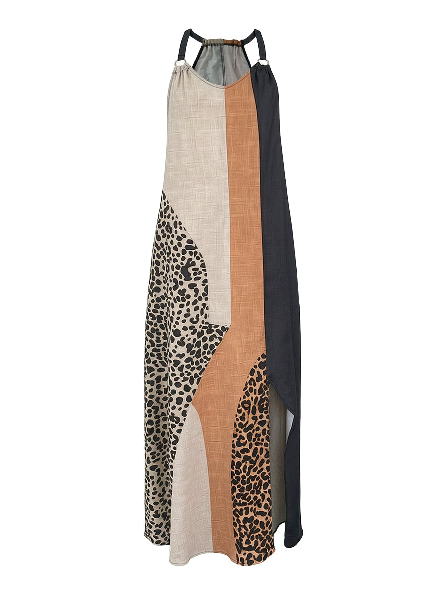 LUCIA | Maxi Halterjurk met Luipaardprint en Asymmetrische Inzetten