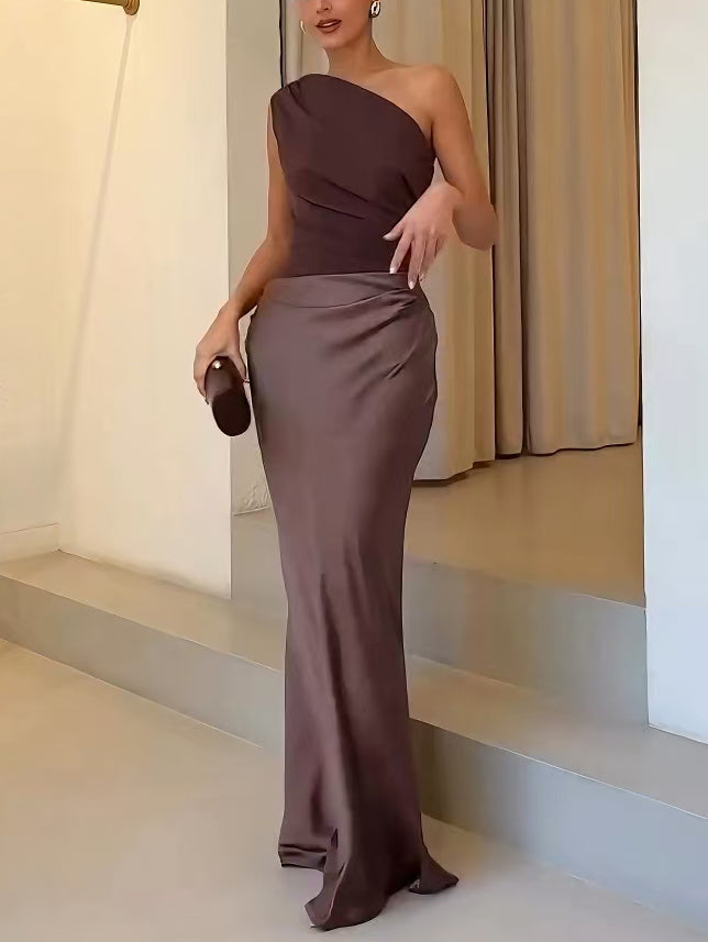 Anita | Elegante One Shoulder Plissé Maxi Jurk
