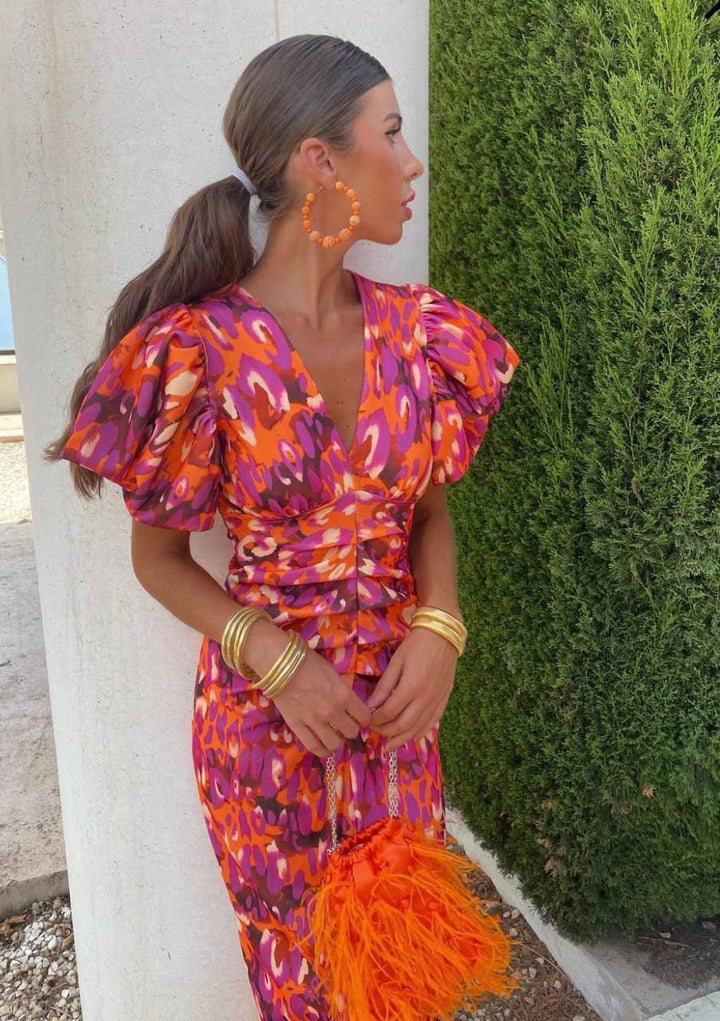 Leeloo Zomerjurk | Elegante V-Hals met Pofmouwen