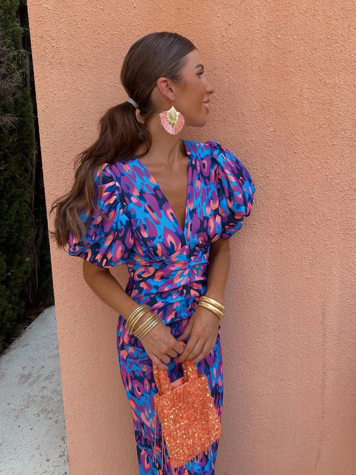 Leeloo Zomerjurk | Elegante V-Hals met Pofmouwen