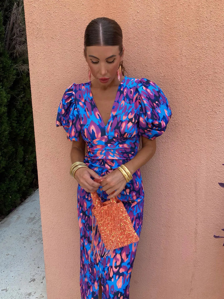 Leeloo Zomerjurk | Elegante V-Hals met Pofmouwen