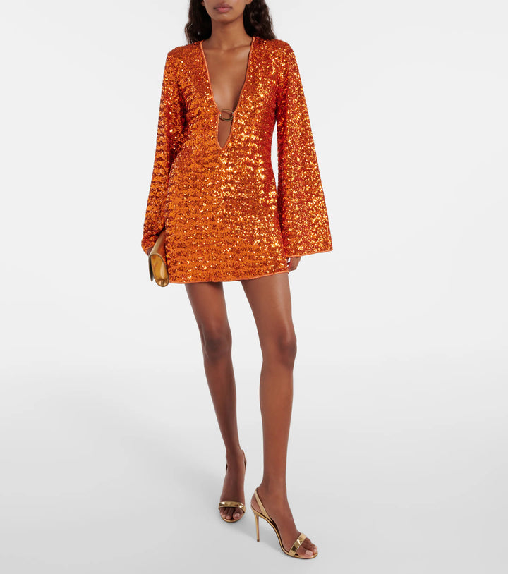 Valerie Glitter Mini Jurk – V-Hals & Elegante Wijde Mouwen