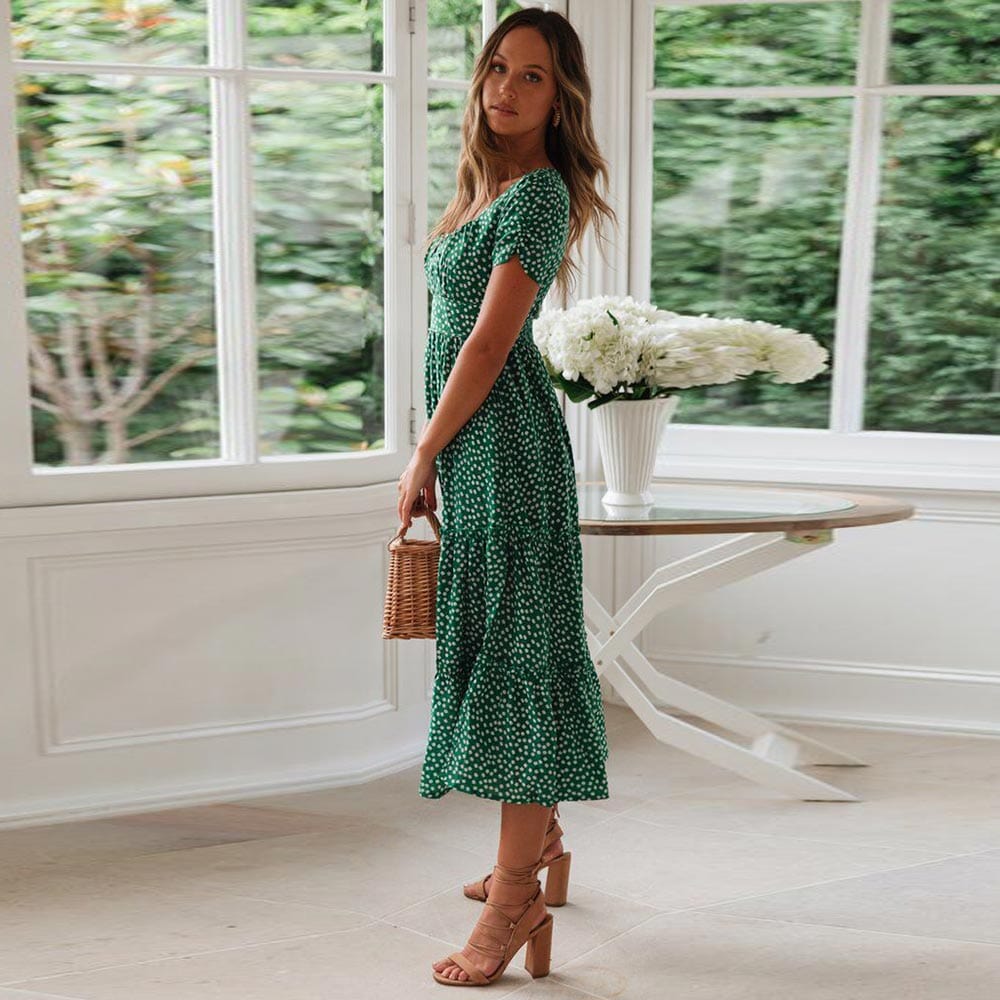 Charlie™ Boheemse Groene Midi Jurk Met Puff Sleeve
