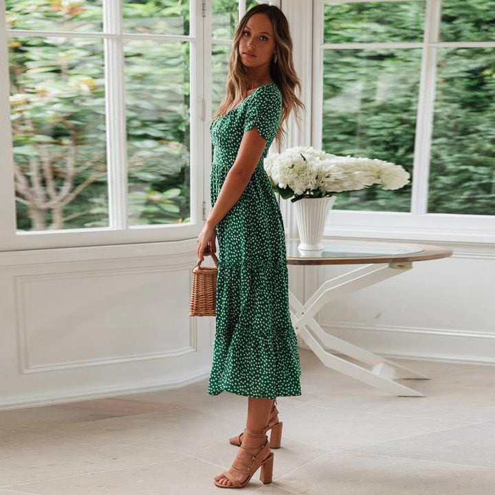 Charlie™ Boheemse Groene Midi Jurk Met Puff Sleeve