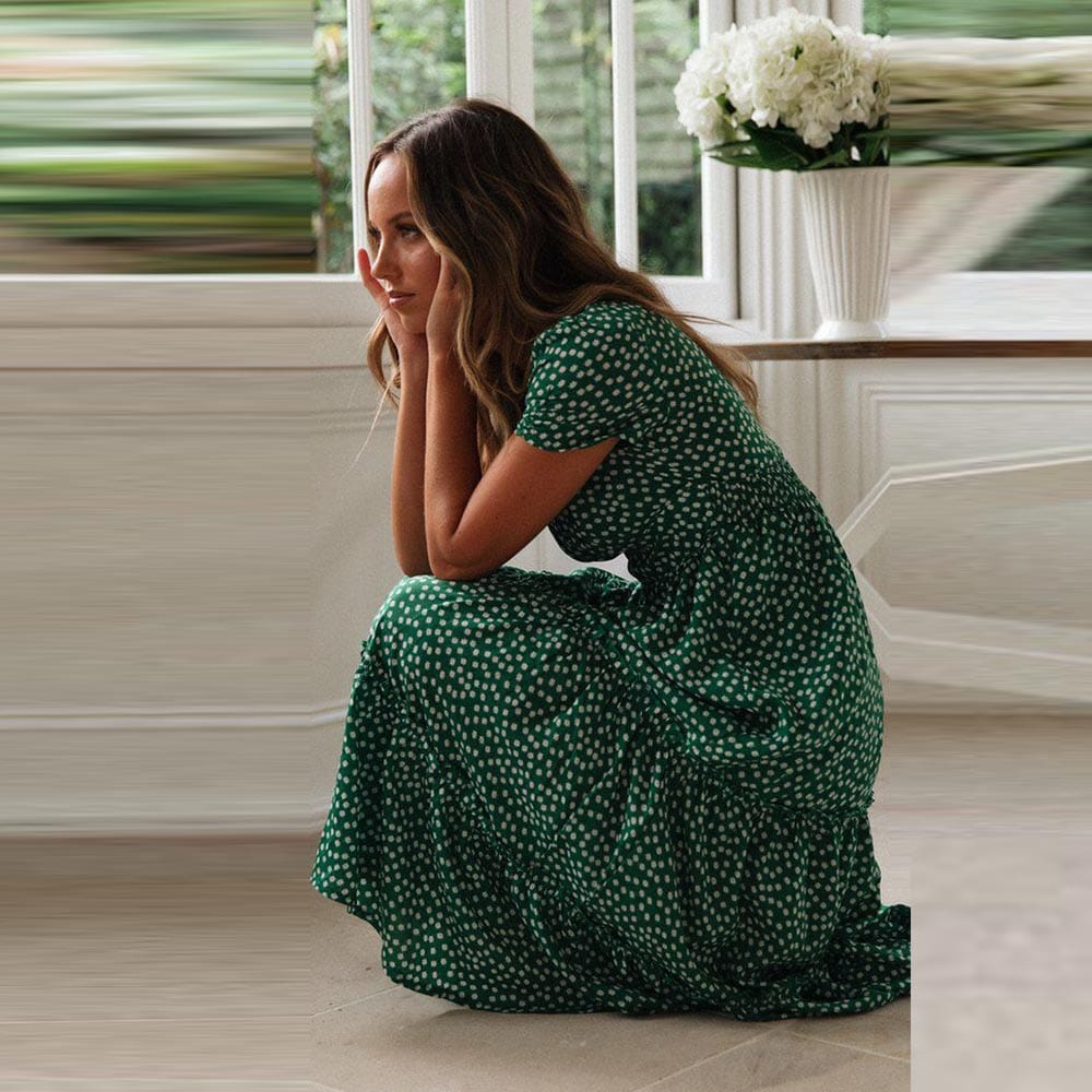 Charlie™ Boheemse Groene Midi Jurk Met Puff Sleeve