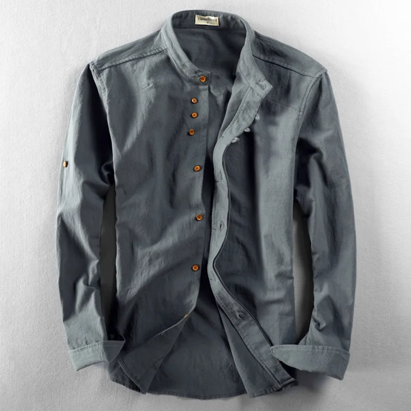 Heren Overhemd Opstaande Kraag Vintage Stijl