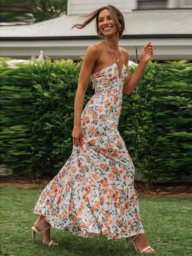 Elin™ Zomerse Trouwfeest Gasten Jurk Met Oranje Bloemen En V-Hals