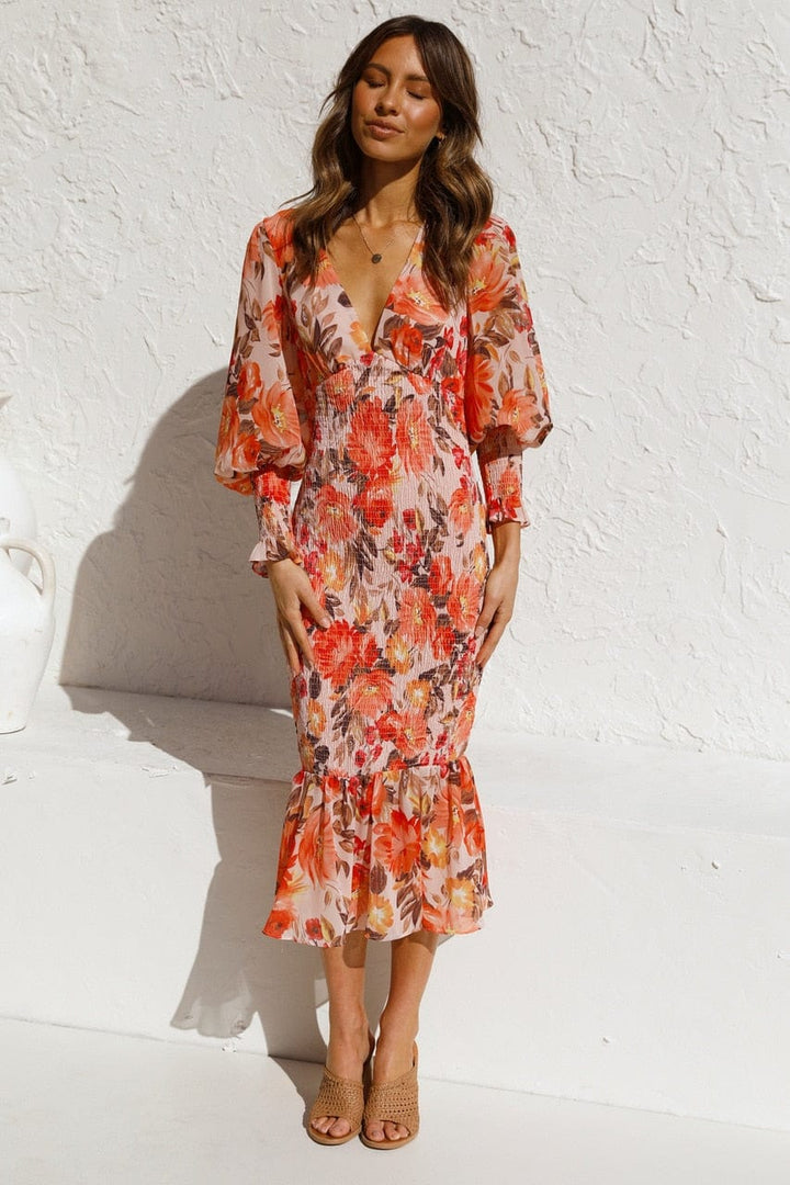 Kiana™ - Oranje Lange Mouwen Jurk Met Elegante Print En V-hals