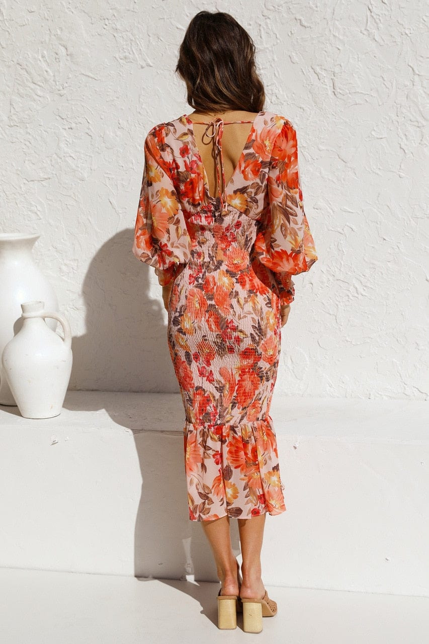 Kiana™ - Oranje Lange Mouwen Jurk Met Elegante Print En V-hals