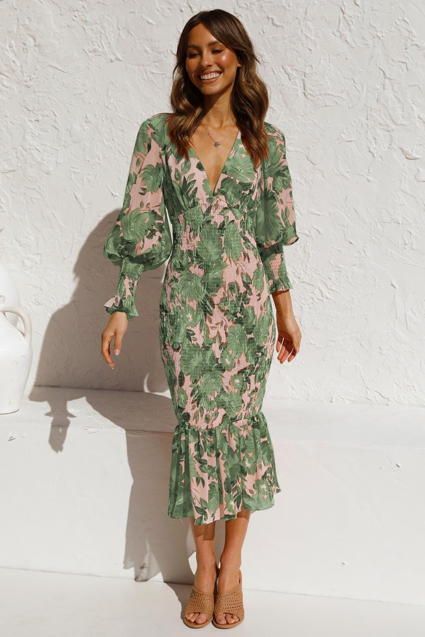 Lieke™ Groene Lange Mouwen Jurk Met Elegante Print En V-hals